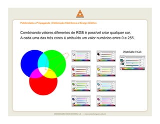 Publicidade e Propaganda | Editoração Eletrônica e Design Gráfico



Combinando valores diferentes de RGB é possível criar qualquer cor.
A cada uma das três cores é atribuído um valor numérico entre 0 e 255.


                                                                    WebSafe RGB
 