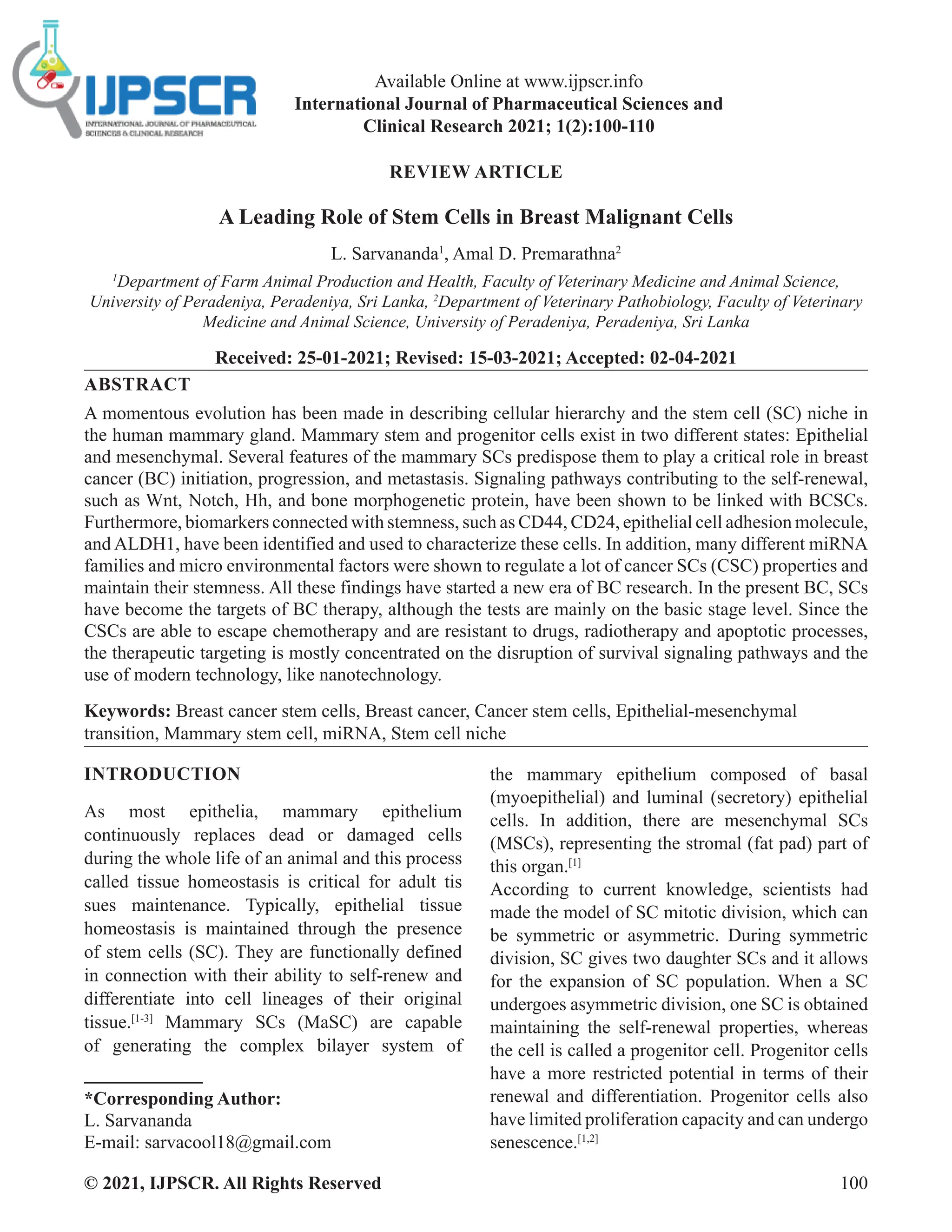 A Leading Role of Stem Cells in Breast Malignant Cells | PDF