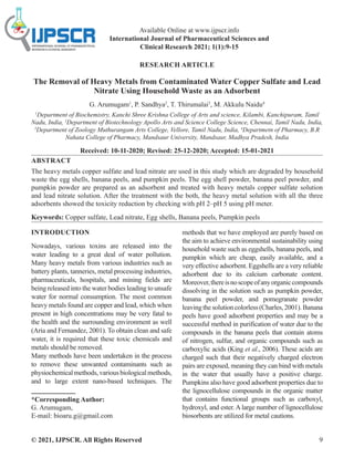 The Removal of Heavy Metals from Contaminated Water Copper Sulfate and ...