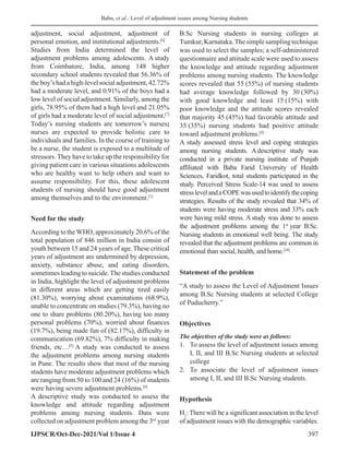 Level of Adjustment Issues among B.Sc Nursing Students at Selected ...