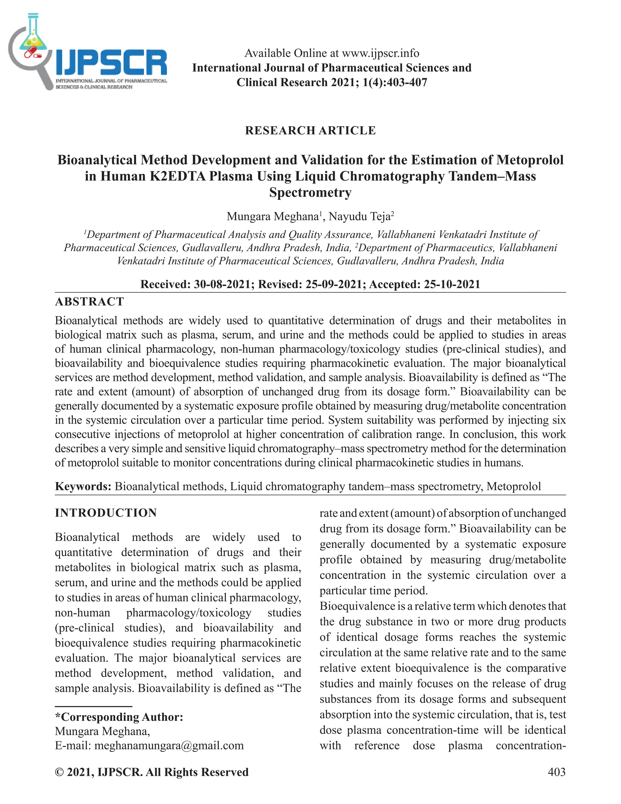 Bioanalytical Method Development and Validation for the Estimation of ...