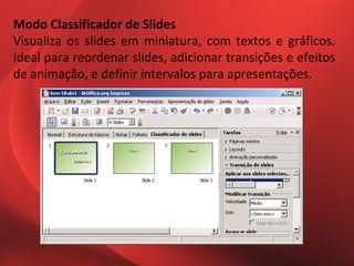 Modo Classificador de Slides
Visualiza os slides em miniatura, com textos e gráficos.
Ideal para reordenar slides, adicionar transições e efeitos
de animação, e definir intervalos para apresentações.
 