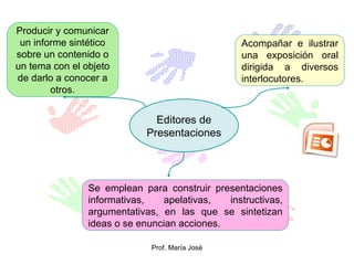 Editores de Presentaciones Producir y comunicar un informe sintético sobre un contenido o un tema con el objeto de darlo a conocer a otros. Acompañar e ilustrar una exposición oral dirigida a diversos interlocutores. Se emplean para construir presentaciones informativas, apelativas, instructivas, argumentativas, en las que se sintetizan ideas o se enuncian acciones. 