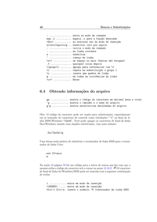 46 Buscas e Substitui¸c˜oes
: ................ entra no modo de comando
map ,t ........... mapeia ,t para a fun¸c~ao desejada
Esc ............ ao executar sai do modo de inser¸c~ao
s/isto/aquilo/g .. substitui isto por aquilo
: ................ inicia o modo de comando
. ................ na linha corrente
s ................ substitua
^ ................ come¸co de linha
s+ ............. um espa¸co ou mais (barras s~ao escapes)
.* ............... qualquer coisa depois
(grupo) ........ agrupo para referenciar com 1
1 ............... repete na substitui¸c~ao o grupo 1
r ............... insere uma quebra de linha
g ................ em todas as ocorr^encias da linha
cr ............. Enter
6.4 Obtendo informa¸c˜oes do arquivo
ga ............. mostra o c´odigo do caractere em decimal hexa e octal
^g ............. mostra o caminho e o nome do arquivo
g^g ............ mostra estat´ısticas detalhadas do arquivo
Obs: O c´odigo do caractere pode ser usado para substitui¸c˜oes, especialmente
em se tratando de caracteres de controle como tabula¸c˜oes “^I” ou ﬁnal de li-
nha DOS/Windows “%x0d”. Vocˆe pode apagar os caracteres de ﬁnal de linha
Dos/Windows usando uma simples substitui¸c˜ao, veja mais adiante:
:%s/%x0d//g
Uma forma mais pr´atica de substituir o terminador de linha DOS para o termi-
nador de linha Unix:
:set ff=unix
:w
Na se¸c˜ao 12 p´agina 79 h´a um c´odigo para a barra de status que faz com que a
mesma exiba o c´odigo do caractere sob o cursor na se¸c˜ao 12.10.2.  O caractere
de ﬁnal de linha do Windows/DOS pode ser inserido com a seguinte combina¸c˜ao
de teclas:
i ............ entra em modo de inser¸c~ao
INSERT ..... entra em modo de inser¸c~ao
Ctrl-v Ctrl-m insere o simbolo ^M (terminador de linha DOS)
 