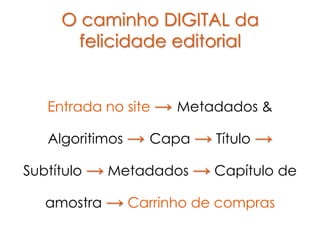 O caminho DIGITAL da
     felicidade editorial


   Entrada no site → Metadados &

   Algoritimos → Capa → Título →

Subtítulo → Metadados → Capítulo de

  amostra → Carrinho de compras
 