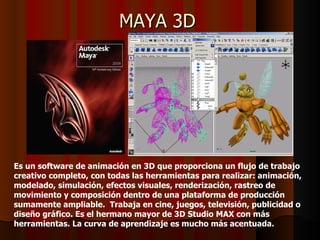 MAYA 3D




Es un software de animación en 3D que proporciona un flujo de trabajo
creativo completo, con todas las herramientas para realizar: animación,
modelado, simulación, efectos visuales, renderización, rastreo de
movimiento y composición dentro de una plataforma de producción
sumamente ampliable. Trabaja en cine, juegos, televisión, publicidad o
diseño gráfico. Es el hermano mayor de 3D Studio MAX con más
herramientas. La curva de aprendizaje es mucho más acentuada.
 