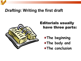 Drafting : Writing the first draft Editorials usually have three parts: The beginning The body and  The conclusion 