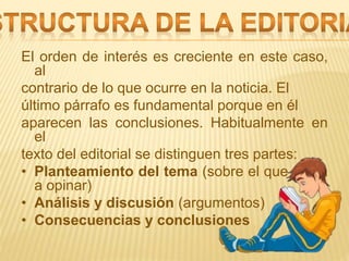 El orden de interés es creciente en este caso,
al
contrario de lo que ocurre en la noticia. El
último párrafo es fundamental porque en él
aparecen las conclusiones. Habitualmente en
el
texto del editorial se distinguen tres partes:
• Planteamiento del tema (sobre el que se va
a opinar)
• Análisis y discusión (argumentos)
• Consecuencias y conclusiones
 