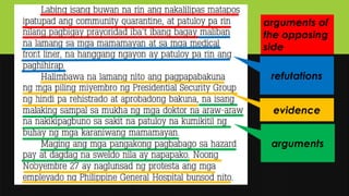 arguments of
the opposing
side
refutations
evidence
arguments
 