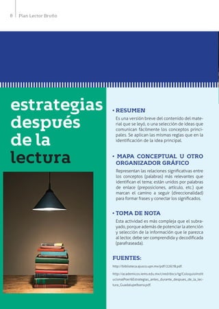 8 Plan Lector Bruño
estrategias
después
de la
lectura
• RESUMEN
Es una versión breve del contenido del mate-
rial que se leyó, o una selección de ideas que
comunican fácilmente los conceptos princi-
pales. Se aplican las mismas reglas que en la
identificación de la idea principal.
• MAPA CONCEPTUAL U OTRO
ORGANIZADOR GRÁFICO
Representan las relaciones significativas entre
los conceptos (palabras) más relevantes que
identifican el tema; están unidos por palabras
de enlace (preposiciones, artículo, etc.) que
marcan el camino a seguir (direccionalidad)
para formar frases y conectar los significados.
• TOMA DE NOTA
Esta actividad es más compleja que el subra-
yado, porque además de potenciar la atención
y selección de la información que le parezca
al lector, debe ser comprendida y decodificada
(parafraseada).
FUENTES:
http://biblioteca.ajusco.upn.mx/pdf/22678.pdf.
http://academicos.iems.edu.mx/cired/docs/tg/ColoquioInstit
ucionalPoe/6Estrategias_antes_durante_despues_de_la_lec-
tura_GuadalupeIbarra.pdf.
 