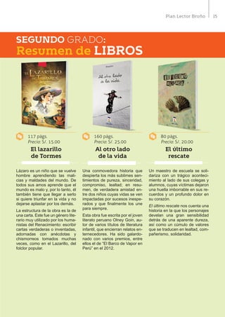 15Plan Lector Bruño
SEGUNDO GRADO:SEGUNDO GRADO:
117 págs.
Precio: S/. 15.00
160 págs.
Precio: S/. 25.00
80 págs.
Precio: S/. 20.00
El lazarillo
de Tormes
Al otro lado
de la vida
El último
rescate
Lázaro es un niño que se vuelve
hombre aprendiendo las mali-
cias y maldades del mundo. De
todos sus amos aprende que el
mundo es malo y, por lo tanto, él
también tiene que llegar a serlo
si quiere triunfar en la vida y no
dejarse aplastar por los demás.
La estructura de la obra es la de
una carta. Este fue un género lite-
rario muy utilizado por los huma-
nistas del Renacimiento: escribir
cartas verdaderas o inventadas,
adornadas con anécdotas y
chismorreos tomados muchas
veces, como en el Lazarillo, del
folclor popular.
Una conmovedora historia que
despierta los más sublimes sen-
timientos de pureza, sinceridad,
compromiso, lealtad; en resu-
men, de verdadera amistad en-
tre dos niños cuyas vidas se ven
impactadas por sucesos inespe-
rados y que finalmente los une
para siempre.
Esta obra fue escrita por el joven
literato peruano Olney Goin, au-
tor de varios títulos de literatura
infantil, que encierran relatos en-
ternecedores. Ha sido galardo-
nado con varios premios, entre
ellos el de “El Barco de Vapor en
Perú” en el 2012.
Un maestro de escuela se soli-
dariza con un trágico aconteci-
miento al lado de sus colegas y
alumnos, cuyas víctimas dejaron
una huella imborrable en sus re-
cuerdos y un profundo dolor en
su corazón.
El último rescate nos cuenta una
historia en la que los personajes
develan una gran sensibilidad
detrás de una aparente dureza,
así como un cúmulo de valores
que se traducen en lealtad, com-
pañerismo, solidaridad.
Resumen de LIBROS
 