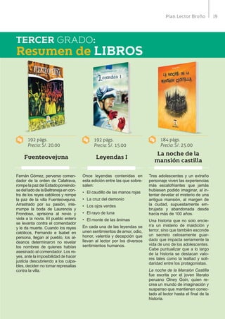 19Plan Lector Bruño
TERCER GRADO:
Resumen de LIBROS
192 págs.
Precio: S/. 20.00
192 págs.
Precio: S/. 15.00
184 págs.
Precio: S/. 25.00
TERCER GRADO:
Resumen de LIBROS
Fuenteovejuna Leyendas I
La noche de la
mansión castilla
Fernán Gómez, perverso comen-
dador de la orden de Calatrava,
rompelapazdelEstadoponiéndo-
se del lado de la Beltraneja en con-
tra de los reyes católicos y rompe
la paz de la villa Fuenteovejuna.
Arrastrado por su pasión, inte-
rrumpe la boda de Laurencia y
Frondoso, aprisiona al novio y
viola a la novia. El pueblo entero
se levanta contra el comendador
y le da muerte. Cuando los reyes
católicos, Fernando e Isabel en
persona, llegan al pueblo, los al-
deanos determinaron no revelar
los nombres de quienes habían
asesinado al comendador. Los re-
yes, ante la imposibilidad de hacer
justicia descubriendo a los culpa-
bles, deciden no tomar represalias
contra la villa.
Once leyendas contenidas en
esta edición entre las que sobre-
salen:
•	 El caudillo de las manos rojas
•	 La cruz del demonio
•	 Los ojos verdes
•	 El rayo de luna
•	 El monte de las ánimas
En cada una de las leyendas se
unen sentimientos de amor, odio,
honor, valentía y decepción que
llevan al lector por los diversos
sentimientos humanos.
Tres adolescentes y un extraño
personaje viven las experiencias
más escalofriantes que jamás
hubiesen podido imaginar, al in-
tentar develar el misterio de una
antigua mansión, al margen de
la ciudad, supuestamente em-
brujada y abandonada desde
hacía más de 100 años.
Una historia que no solo encie-
rra un misterio de maldición y
terror, sino que también esconde
un secreto celosamente guar-
dado que impacta seriamente la
vida de uno de los adolescentes.
Cabe puntualizar que a lo largo
de la historia se destacan valo-
res tales como la lealtad y soli-
daridad entre los protagonistas.
La noche de la Mansión Castilla
fue escrita por el joven literato
peruano Olney Goin, quien re-
crea un mundo de imaginación y
suspenso que mantienen conec-
tado al lector hasta el final de la
historia.
 