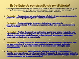 Estratégia de construção de um Editorial
Como qualquer matéria jornalística, tem início na captação de informações concretas, que se dá
    pelo acompanhamento do que acontece no nosso meio e no mundo, e por uma apurada
                    percepção do que é tema de relevância no momento.


Parágrafo 1 - Apresentação do tema (situando o leitor) e já com um posicionamento
pontuado. Usar linguagem objetiva e vocabulário acessível.


Parágrafo 2 - Contextualização do tema, e indicativos concretos do
problema, apresentando dados reais, verossímeis. Mais uma vez, posicionamento
sobre o assunto.


Parágrafo 3 - Análise das possíveis motivações que tornam o tema relevante, com
argumentos de autoridade ( opinião de especialistas que reforcem credibilidade da
matéria), justificativas que reforcem o posicionamento apresentado e exemplos
concretos que ilustrem a argumentação.


Parágrafo 4 – Caráter conclusivo, apresentando o posicionamento crítico final, sem
ser impressionista. É preciso extremo cuidado para não construir editoriais
moralistas. Expor o que há de concreto, o que motiva essa afirmação, esse
posicionamento.

A conclusão do Editorial, principalmente, não deve esquecer o que motivou a
opinião, o que se afirmou no início, sem fugir do assunto. O bom arremate opinativo
é aquele que retoma o tema e traz uma projeção, aponta para uma solução, indica um
caminho ancorado em exemplos concretos.
 