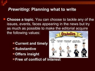 Prewriting: Planning what to write
 Choose a topic. You can choose to tackle any of the
issues, events, faces appearing in the news but try
as much as possible to make the editorial acquire
the following values:
Current and timely
Substantive
Offers insight
Free of conflict of interest
 
