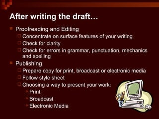 After writing the draft…
 Proofreading and Editing
 Concentrate on surface features of your writing
 Check for clarity
 Check for errors in grammar, punctuation, mechanics
and spelling
 Publishing
 Prepare copy for print, broadcast or electronic media
 Follow style sheet
 Choosing a way to present your work:
 Print
 Broadcast
 Electronic Media
 
