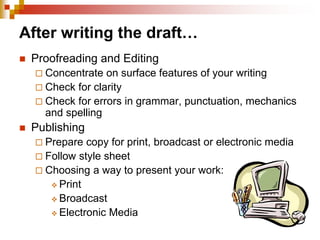 After writing the draft…
 Proofreading and Editing
 Concentrate on surface features of your writing
 Check for clarity
 Check for errors in grammar, punctuation, mechanics
and spelling
 Publishing
 Prepare copy for print, broadcast or electronic media
 Follow style sheet
 Choosing a way to present your work:
 Print
 Broadcast
 Electronic Media
 