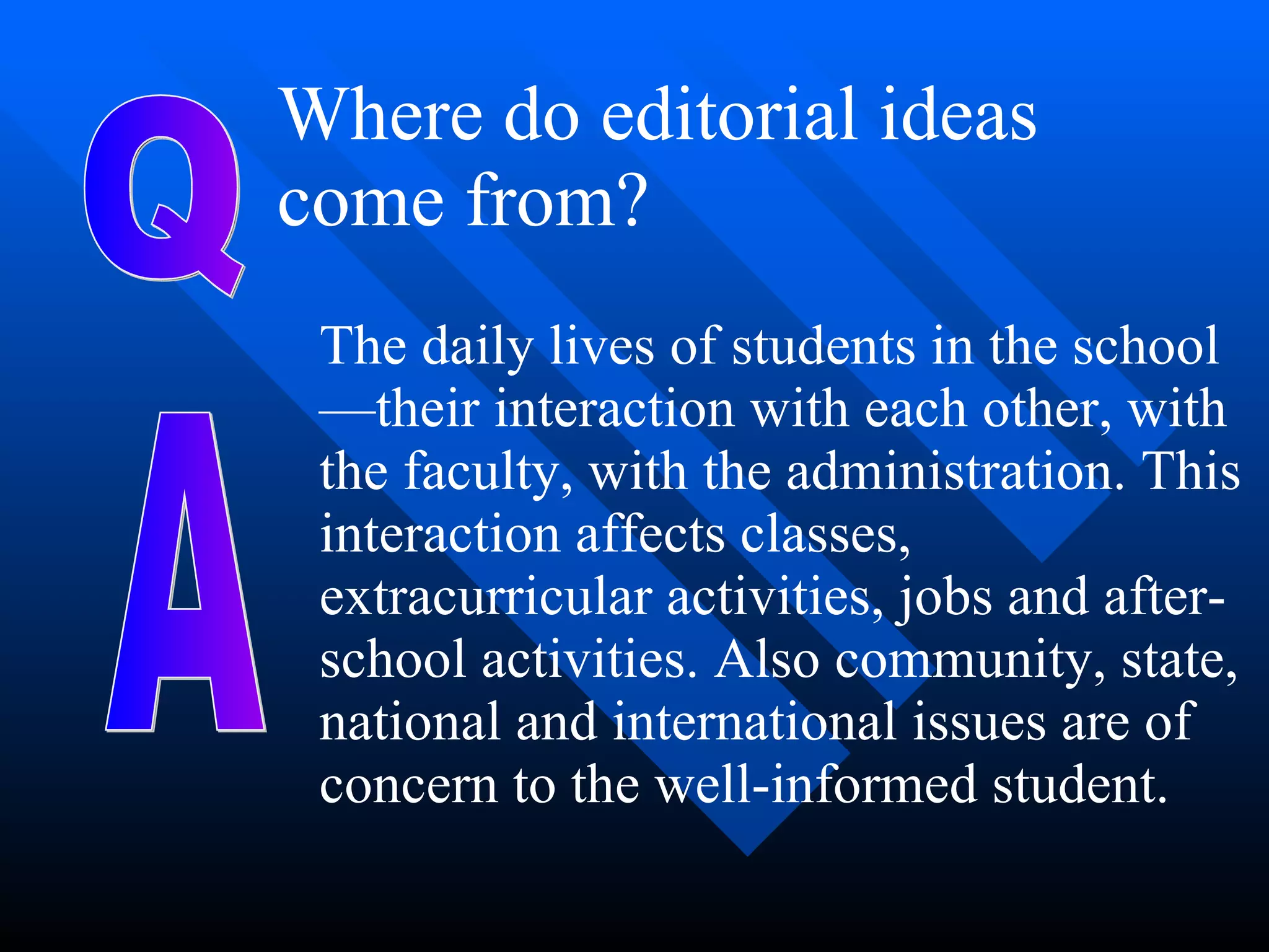 Where do editorial ideas
come from?
The daily lives of students in the school
—their interaction with each other, with
the faculty, with the administration. This
interaction affects classes,
extracurricular activities, jobs and after-
school activities. Also community, state,
national and international issues are of
concern to the well-informed student.
 