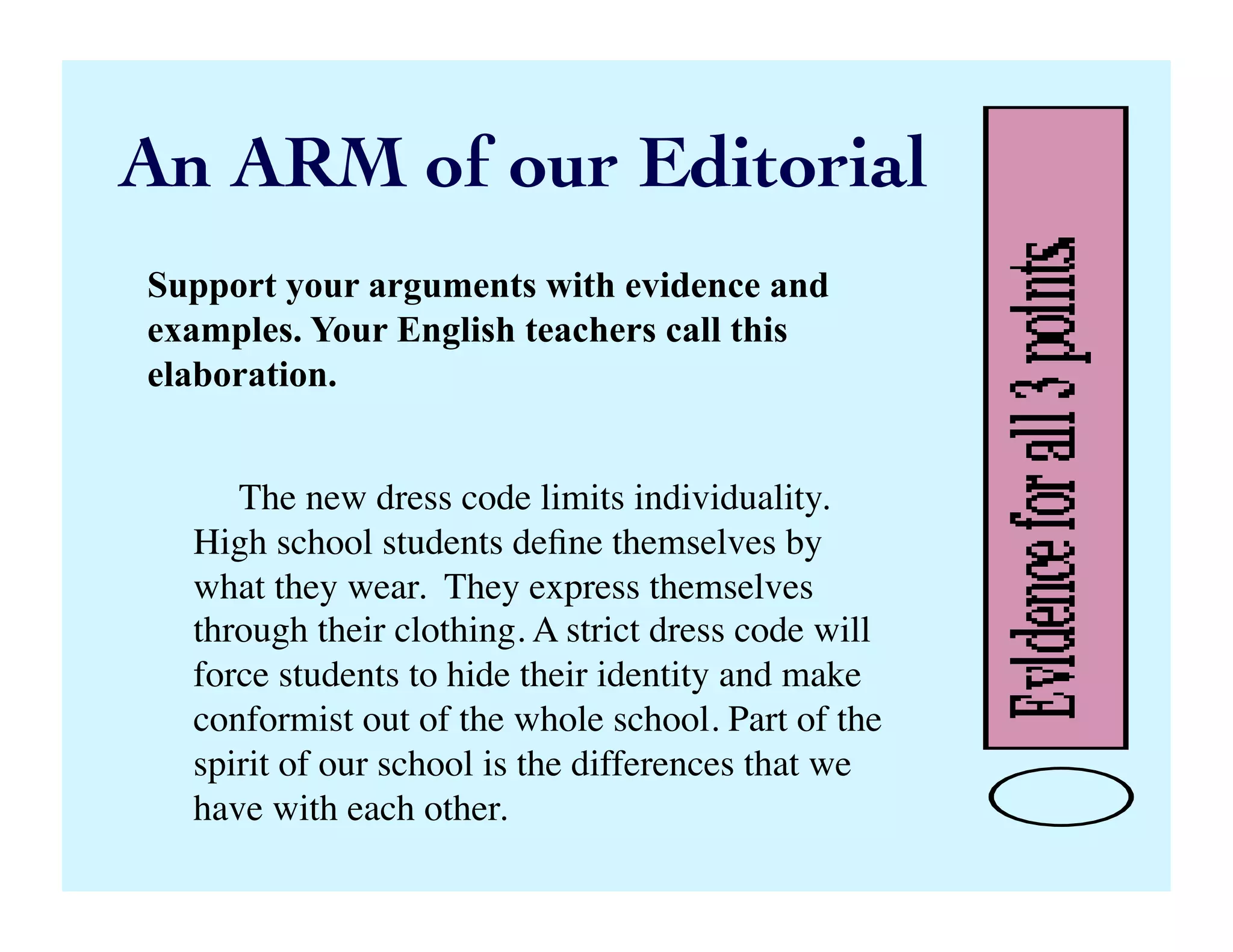 An ARM of our Editorial	

Support your arguments with evidence and
examples. Your English teachers call this
elaboration.	

The new dress code limits individuality.
High school students deﬁne themselves by
what they wear. They express themselves
through their clothing. A strict dress code will
force students to hide their identity and make
conformist out of the whole school. Part of the
spirit of our school is the differences that we
have with each other.	

 