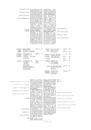 cortometrajes y vídeos,               a la polisemia de la palabra                  entretenimiento;        aparato
                                                       apunta precisamente a la                      ideológico presencia espec-
                                                       ambigüedad del cine mientras                  tral, ligada a la recomposición
                presentados en diversos                arte del espacio y del tiempo,                mental y mnemónica de las
                                                       arte del cuerpo, de la urbe y                 películas; concepto filosófico,
                                                       del paisaje, del encuadre y del               teoría del movimiento de las
               festivales y exposiciones,              recorte, pero también arte de                 cosas y del pensamiento
                                                       la duración, del movimiento,                  (Gilles      Deleuze),      una
                                                       de la proyección que anima el                 metafísica. Es, por fin, una
            como en el FIDMarseille, el                fotograma, arte de la historia.               utopía, la lengua de las
                                                       Pese a la dimensión temporal                  imágenes celebrada en la
                                                       del cine, considero que el                    década del veinte, como la
                                                       término “intervalo” es aquel                  escrita      automática     del
                                                       que mejor permite dar cuenta                  movimiento, que reune el
                                                       del principio de intersección,                arte, la política y la vida
                                                       contradicción      y     ruptura              colectiva y reinscribe la
                                                       relativa que informa el                       primera en la esfera vital
                                                       concepto       operativo        y             (Dziga Vertov, Sergei M.
                                                       metodológico de Rancière,                     Eiseinstein). El cine “existe a
                                                       indicando simultáneamente la                  través de un juego de interva-
                                                       naturaleza fotogramática de la                los e impropiedades”, que,           DocLisboa, el Berlinale
                               Rancière, Jacques,
                                     Malaise dans      imagen en movimiento.                         según Rancière, ningún
                               l’esthétique, Paris,
                                    Galilée, 2004.     Intervalo. Definiciones. El                   concepto puede reunir, ni
                                                       pensamiento del cine es                       ninguna teoría unificar.             Talent Campus, la Trienal
                                                       fragmentario: la premisa                      La      fábula     (vs.  teoría)
                                                       defendida por Rancière pasa                   cinematográfica de un pensa-
                                                       por el rechazo de una teoría                  dor que afirma el amateur-           de Mármara o el Espacio
                                                       totalizadora del séptimo arte,                ismo como posición política
                                                       que solo puede ser definida                   será construida a través de un
                                                       como un sistema de intervalos                 triple movimiento de pasaje          Fundación Telefónica. Es a
                                                       no-unitarios. El cine es                      por el espacio de circulación
                                                       múltiple: es el nombre de un                  que existe entre las diferentes
                                                       espacio material, la sala de                  acepciones del cine, por sus
                                                       proyección; designación de un                 tres intervalos: la relación
                                                       arte que oscila entre la política             entre el cine y la literatura,
                                                       de los autores y el puro                      que proporciona los modelos




                           BAUDRY,                                                                                       DELEUZE,
        IDEOLOGICAL                                                          EN Cinéthique,   1970         A IMAGEM-                                         Lisboa, Assírio     2004
          EFFECTS OF                                                         nº 7-8,                      MOVIMENTO                                          & Alvim,
            THE BASIC

                           JEAN-LOUIS                                                                                    GILLES
           CINEMATO-                                                                                      LA IMAGEN-                                         Buenos Aires,
             GRAPHIC                                                                                          TIEMPO                                         Paidós              2005
           APPARATUS



                           COMOLLI,
                                                                             EN: Cahiers du   1971
          TECHNIQUE                                                          Cinéma,, “. nº                                                                                      2004
                                                                                                                                                             Paris, Galilée

                                                                                                                         RANCIÈRE,
        ET IDÉOLOGIE.                                                        229                        MALAISE DANS
              CAMÉRA,                                                                                   L’ESTHÉTIQUE
         PERSPECTIVE,
         PROFONDEUR
            DE CHAMP       JEAN-                      (Jean-Louis Comolli,
                                                        Jean-Louis Baudry)
                                                                                                       LE SPECTATEUR
                                                                                                            EMANCIPÉ
                                                                                                                         JACQUES,
                                                                                                                                                             Paris, La
                                                                                                                                                             Fabrique            2008


                           LOUIS                                                                       LES ÉCARTS DU
                                                                                                             CINÉMA
                                                                                                                                                             Paris, La
                                                                                                                                                             Fabrique
                                                                                                                                                                                 2011



                           COMOLLI,
                                                                             Paris,

                                                                                                                         PAVESE,
          ARRÊT SUR                                                                           1997        I FUOCHI, IN                                       Milán, Einaudi      1947
                                                                             Supplémen-                 DIALOGHI CON
           HISTOIRE                                                          taires, Centre                     LEUCÒ

                           JEAN-
                                                                             Georges
                                                                             Pompidou
                                                                                                                         CESARE,
                           LOUIS,
                                                                                                                         SHÔNAGON,
                                                                                                            NOTES DE                                         Paris, Gallimard    1985

                           RANCIÈRE,J                                                                        CHEVET



                           ACQUES                                                                                        SHEI,
                                                                                                                                                                                 1984

                                                                                                                         VERTOV,
                                                                                                        KINO-EYE. THE                                        University of
                                                                                                          WRITINGS OF                                        California Press,
                                                                                                        DZIGA VERTOV,

                                                                                                                         DZIGA
                                                                                                           BERKELEY Y
                                                                                                         LOS ANGELES,




                                                      narrativos de los cuales el                    películas ejemplares: Vértigo        (Hitchcock,
                                                                                                                                          1958)
                                                      séptimo arte intenta emanci-                   y Mouchette . Sí, en vértigo el      (Robert Bresson,
Quise situarme en el seno de                          parse; la relación del cine con                cine narrativo clásico de Holly-     1967)
                                                      el entretenimiento, la filosofía               wood se apropia de los mecan-
                                                      y el pensamiento conceptual;                   ismos narrativos de una intriga
   un universo sin jerarquía                            la relación del cine con la                  policial para crear, y después
                                                      política. En esta breve reseña,                disipar, una ilusión.
                                                      optaré por concentrarme, por                   Segundo intervalo. La filmo-
    donde los filmes que son                          economía e inclinación, en el                  grafía de Vincent Minelli y el
                                                      tercer intervalo.                              proyecto didáctico televisivo
                                                      El método de Rancière pasa,                    de Rossellini permiten a
  recompuestos por nuestras                           en primer término, por la                      Rancière analizar las fronteras
                                                      construcción de un personaje                   del cine como arte. De un
                                                      conceptual –el amateur de                      lado, un cine donde la               palabras cuentan tanto
                                                      cine– en el marco de una                       jerarquía entre los géneros es
  percepciones, emociones y                           dramaturgia del yo. El                         abolida y el gran arte se alían al
                                                      espectador apasionado y un                     arte popular, aspirando al           cuanto aquellos que están
                                                      poco escéptico de la descubi-                  espectáculo total.
                                                      erta del mundo del proletari-                  Tercer intervalo: la relación
                                        (Roberto
                                 Rosselini, 1952)     ado por Irene, en Europa 51 o                  del cine con la política. Para       grabados en la película;
                                                      el espectador emancipado de                    Rancière no existe una política
                                                      Lo viejo y lo nuevo                            del cine, sino figuras simbóli-
                                                      (Eisenstein, 1929) no es el                    cas por medio de las cuales el
                                                      teórico ni el militante, sino el                                                    donde las mismas teorías y
                                                                                                     cine se acerca a la política.
                                                      cinéfilo que asume une                         La vieja dialéctica formalista
                                                      posición teórica y política al                 del contenido y la forma y la
                                                      rechazar la autoridad de los                                                        estéticas del cine son consid-
                                                                                                     forma atraviesa el cine
                                                      especialistas y al reexaminar                  político: por un lado, hay
                                                      afectivamente las modalidades                  películas sobre la política (la
                                                      de articulación de las experi-                 historia de un movimiento o          eradas como historias
                        Autora del libro "El          encias y los saberes.                          de un conflicto); por otro, la
                                                      La démarche del pensador no                    política es la estrategia formal
                                                      es, por consiguiente, pautada                  de determinados filmes. Sin
                          autorretrato en el          por un esfuerzo de teorización,                embargo, ciertas obras parecen
                                                      sino más bien por una aproxi-                  operar la síntesis entre el
                                                      mación vivencial y emotiva al                  contenido y la forma.
                 documental" (Catálodo,               arte impuro. En el límite,
                                                      “Les écarts du cinéma” es
                                                      tan solamente una otra
                                         2008)        historia.
                                                      Primer intervalo. Rancière
                                                      analiza la relación entre el cine
 