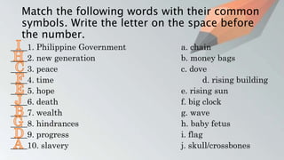 Match the following words with their common
symbols. Write the letter on the space before
the number.
____1. Philippine Government a. chain
____2. new generation b. money bags
____3. peace c. dove
____4. time d. rising building
____5. hope e. rising sun
____6. death f. big clock
____7. wealth g. wave
____8. hindrances h. baby fetus
____9. progress i. flag
____10. slavery j. skull/crossbones
 