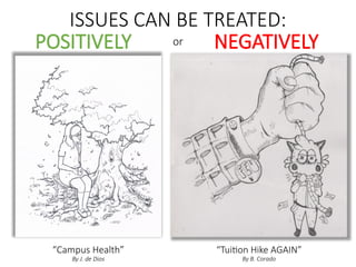 ISSUES CAN BE TREATED:
POSITIVELY NEGATIVELY
or
“Campus Health”
By J. de Dios
“Tuition Hike AGAIN”
By B. Corado
 
