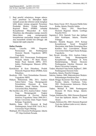 Analisis Faktor-Faktor…{Bustamam, dkk}|
Jurnal Ekonomi KIAT
Vol. 32, No.1, Juni 2021
92
p-ISSN 1410-3834
e-ISSN 2597-7393
2. Bagi peneliti selanjutnya, dengan adanya
hasil penelitian ini diharapkan dapat
menjadi acuan dan referensi untuk mengkaji
lebih dalam tentang pengaruh Persentase
Penduduk Miskin, Produk Domestik
Regional Bruto (PDRB) terhadap
Kesejahteraan Masyarakat di Kota
Pekanbaru dan diharapkan mampu meneliti
faktor-faktor yang mempengaruhi
kesejahteraan masyarakat dengan memilih
atau menambah variabel lain sehingga ada
tinjauan dari aspek yang lain
Daftar Pustaka
Arsyad, Lincolin. 1999. Pengantar
Perencanaan dan Pembangunan
Ekonomi Daerah. Yogyakarta: BPFE
Yogyakarta.
Almulaibari, 2011 Perencanaan Pembangunan
Wilayah, Jakarta : PT Bumi Akrasa.
Badan Pusat Statistik (BPS). 2019.
Indeks Pembangunan Manusia (IPM),
Kondisi
Kemiskinan di Kota Pekanbaru, Produk
Domestik Regional Bruto (PDRB), Kota
Pekanbaru.
Boediono. 1992. Teori Pertumbuhan Ekonomi.
Yogyakarta: BPFE
Hidayat, Muhammad, Dkk. 2011, Analisis
Faktor-Faktor Yang Mempengaruhi
Pertumbuhan Ekonomi di Kota
Pekanbaru, Jurnal Fakultas Ekonomi
Universitas Riau, Pekanbaru
Mu’Araifah, Lela. 2016, Analisis Faktor – Faktor
Yang Mempengaruhi Tingkat
Kesejahteraan di Provinsi Daerah
Istimewa Yogyakarta Tahun 2004-2013,
Skripsi Universitas Islam Negeri Sunan
Kalijaga, Yogyakarta.
Mukhlis, Iman. 2012. Ekonomi & Studi
Pembangunan, Jurnal JESP. Vol.4, No.2.
Universitas Negeri Malang.
Mudrajad, 2012 Ekonomi Pembangunan. Jakarta
: PT. Raja Grafindo Persada.
Noor, Henry Faizal. 2015. Ekonomi Publik Edisi
Kedua, Jakarta, Penerbit Indeks.
Richardson, Harry. 1991. Dasar-Dasar
Ekonomi Regional. Jakarta: Lembaga
Penerbit FEUI.
Supratno.J. 2016. Statistik Teori dan Aplikasi
Edisi Kedelapan, Jakarta, Penerbit
Erlangga.
Sukendar, Hendrik Basguni. 2019. Konsep
Kesejahteraan Sosial Perspektif
Masyarakat Adat Badui Penamping Desa
Kenekes Kec. Leuwidamar, Skripsi
Universitas Islam Negeri Sunan Kalijaga,
Yogyakarta.
Sari, Devani Ariestha. 2016. Analisis Faktor-
Faktor Yang Mempengaruhi
Kesejahteraan Masyarakat di Kota
Bandarlampung, Skripsi Ekonomi
Pembangunan Fakultas Ekonomi dan
Bisnis Universitas Lampung.
Todaro, Miachael P dan Smith, Stephen C. 2009.
Pembangunan Ekonomi Edisi
Kesebelas, Jakarta, Penerbit Erlangga.
Sukirno, Sadono. 2000. Makroekonomi Modern:
Perkembangan Pemikiran Dari
Klasik Hingga Keynesian Baru Raja. Grafindo
Pustaka. Jakarta. Tambunan, Tulus.
2001. Perekonomian Indonesia. Ghalia
Indonesia. Jakarta.
Tadaro, Michael P. 2000. Pembangunan
Ekonomi Di Dunia Ketiga. Jakarta:
Erlangga.
Tarigan, Robinson Drs. 2004. Ekonomi Regional
Teori dan Aplikasih. Jakarta : PT. Bumi
Aksara
Tarigan, Robinson Drs. 2005. Ekonomi Regional
Teori dan Aplikasi (edisi revisi). Jakarta :
PT.Bumi Aksara.
 