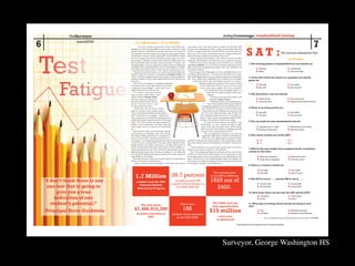 theSurveyor                                                                                                                                            indepthcoverage: standardized testing

6                 march2009             HenryBiermann + WilliamWitwer
                                                                                                                                                                                                       The                                                                                          7
                                                                                                                                                                                                        S AT :
                                             It is a fact: students in possession of their sanity dislike stan-   Assessment Leader, “but when you have a student who takes the CSAP
                                  dardized tests. They hate the bubble-in answer sheets, the inane writing        test and scores unsatisfactorily, that’s a negative for the school. But when
                                  prompts and the oversimplified instructions that seem to be written for         you have a student who doesn’t take the CSAPS, its like two points are
                                  five-year-olds. The sheer monotony of sitting in a room quietly taking a        taken away. The school is scored down more for a student who doesn’t                                                                  The Surveyor Assessment Test
                                  test for hours on end is, frankly, unendurable. This dreadful test tedium       take the test than a student who just blows the test off.”
                                  has never changed. But what has changed is testing’s giant role in new             Another frequent misconception is that CSAPs do not go on student
                                  age academia. Thousands of businesses, millions of dollars and a stu-           transcripts. This statement is also fictitious, since a couple of years ago.
                                                                                                                                                                                                                                                                ClaraTroyer
                                  dent’s immediate future all hinge on the preeminence of today’s new                “CSAP scores do go on a transcript, so they do follow you,” said Prin-
                                                                                                                                                                                                           1. The morning before a standardized test you should eat:
                                  booming industry. Tests are supposed to evaluate a person’s intelligence        cipal Steve Goldstein. No, your CSAP scores from ninth grade will not
                                  and ability. But do standardized tests, that we spend millions to admin-        make or break your acceptance into college. “But,” says Goldstein, “it’s
                                  ister, really show what you know? A growing new sentiment says “no.”            just another indicator.”
                                                                                                                                                                                                                      A. Nothing                                 C. A Powerbar
                                     “We had to do the three tests in a row, which was kind of obnoxious.            When it comes to the college game, however, standardized tests serve                             B. Water                                   D. Fruit and Toast
                                  We didn’t really feel motivated,” said sophomore Meagan Swisher, one            an entirely different purpose. For many universities that receive more
                                  of the 1.7 million Colorado students who took the Colorado Student As-          than 20,000 applications every year, making comparisons is quite diffi-
                                                                                                                                                                                                           2. If you don’t know the answer to a question you should
                                  sessment Program (CSAP) exams administered across the Denver area               cult. Thus, students take standardized tests so that they can eventually
                                  last week.                                                                              be lined up, side-by-side, with students elsewhere. It is easier to              guess on:
                                     The CSAP, even though it is seemingly transparent,                                            compare a number than a resume. Test scores act as filters
                                  is actually veiled in myth. Many think the test is used                                           in busy admissions offices; if you do not have good                               A. The SAT                                C. The CSAP
                                  to determine school budgets—better scores, nicer                                                  scores, your resume usually will not be considered.                               B.The ACT                                 D. Both B and C
                                  school. However, this is not the case.                                                                    Even though this seems remarkably unfair, it is
                                     “It’s not like we get more money be-                                                                     simply how the modern academic world is pro-
                                  cause we have a good rating,” said                                                                           gressing.                                                   3. The day before a test you should:
                                  Athletic Director Douglas Tucker.                                                                                 "[Testing] is just a part of our reality," said
                                  “But if we had a poor rating then                                                                                counselor Lindsey Vesceri.                                         A. Study all day                          C. Go to bed early
                                  the school district could come in                                                                                  Despite this reality, some national univer-                      B. Cram all night                         D. Hang out with friends all day
                                  and say ‘You need to do X, Y, and                                                                             sities are deciding to soldier past the difficulty
                                  Z,’ and you have no choice.”                                                                         of comparing applicants and try to find the real stu-
                                      In this sense, the test acts as a check-                                                          dent. William R. Fitzsimmons, Dean of Admissions                   4. There is an essay portion on:
                                  point for schools as they progress and de-                                                            at Harvard University affirmed in an interview with
                                  velop, so that the government can track and fix                                                      the New York Times the theory that the SAT and                                 A. The SAT                                C. The CSAP
                                  those schools that are struggling. Nonetheless,                                                   other standardized admissions tests are “incredibly im-                           B. The ACT                                D. Both A and C
                                  many critics have proclaimed the ineffectiveness of                                               precise” when it comes to measuring academic ability
                                  standardized testing in general, and the CSAPs specif-                                             and how well students will perform in college.
                                  ically. The CSAP costs the state approximately $15                                                      “It would be much better for the country,” said                  5. You can study for your standardized tests by:
                                  million a year to administer, and many argue that                                                   Fitzsimmons, "to have students focusing on high
                                  money spent on the test could be put to much better                                                 school courses that will prepare them well for college                          A. Signing up for a class                  C. Reviewing vocab words
                                  use.                                                                                               and for the real world, instead of spending enormous                             B. Buying a study book                     D. All of the above
                                     Most students remain unconvinced that standard-                                                  amounts of time trying to game the SAT.”
                                  ized tests have any redeeming value. Thus, schools                                                       This new approach is making its way from the
                                  have begun offering incentives to encourage stu-                                                      ground up. High school counselors and admissions                   6. How many sections are on the SAT?
                                  dents to attend CSAPs, including a grand prize of                                                     officers are now emphasizing the strength of student
                                  two laptops. Even teachers have incentives in place to encourage them           portfolios: collections of a student’s grades, effort, relationships, leader-                        A. 10                                     C. 2
                                  to raise test scores. In spring 2008, ProComp, a system that pays accom-        ship, achievements, interests and aspirations. Essentially, a human port-                            B. 11                                     D. 4
                                  plished teachers for student performance, recorded 200 teachers in              folio.
                                  grades four through ten that received incentives if their students ex-               “I don’t think there is any one test that is going to give you a true in-
                                  ceeded expectations on the CSAP. Kids and teachers despise the stan-            dication of one student’s potential,” said Goldstein.                                    7. What is the most useful way to prepare for the vocabulary
                                  dardized testing because they feel there is nothing in it for them. But             This is the emerging paradigm for American schools, a sort of mini                   section on the tests?
                                  now with iPods, laptops and monetary bonuses up for grabs, maybe it is          scholastic revolution that is materializing in the new generation. As test
                                  worth filling in a few blanks.                                                  scores drop, parents, teachers and students are proving that kids are still                          A. Read the dictionary                    C. Study Latin roots
                                     Even with incentives, many do not see the point of even showing up,          smart. The facts are in: test-oriented paradigm seems to be shifting. Our                            B. Study other languages                  D. All of the above
                                  which is a frustration for administrators.                                      classrooms are no longer breeding grounds for intellectuals, but factories
                                      “I don’t want this to sound too negative,” said Tucker, also our Site       for test takers. And that's not the right answer.
                                                                                                                                                                                                           8. There is a science section on:

                                                                                                                                                                                                                        A. The SAT                                C. The CSAP
                                                                                                                                                      The average score                                                 B. The ACT                                D. Both A and C
                                        1.7 Million 38.7 percent                                                                                    on the SAT in 2008 was

    “I don’t think there is any          students took the 2009                               of students from GW
                                                                                           scored below proficient on
                                                                                                                                                   1525 out of                                             9. The ACT is out of ____ and the SAT is out of ____.

                                                                                                                                                                                                                       A. 32 and 1200                            C. 20 and 2600
     one test that is going to              Colorado Student
                                          Assessment Program                                   the 2008 CSAP test                                    2400.                                                             B. 36 and 2400                            D. 34 and 2000

          give you a true                                                                                                                                                                                  10. How many times can you take the SAT and the ACT?
                                                                                                                                                                                                                  A. Unlimited               C. Three times
         indication of one                                                                                                                                                                                        B. Twice                   D. Once

       student’s potential.”                   The state spent                                         There were                                     The CSAP costs the
                                                                                                                                                      state approximately
                                                                                                                                                                                                           11. What type of writing utensil should you bring to your
                                                                                                                                                                                                           test?

    -Principal Steve Goldstein        $7,460,914,380                                                      186                                     $15 million                                                          A. Pen                                    C. Mechanical pencil
                                         on public education in                                                                                                                                                        B. #2 Pencil                              D. Brightly colored Sharpie
                                                                                           multiple choice questions
                                                  2007                                        on the 2009 CSAP                                                every year                                                         Answers: 1. D, 2. D, 3. C, 4. D, 5. D, 6. A, 7. C, 8. D, 9. B,10. A, 11. B
                                                                                                                                                             to administer
                                                                                                                                                                                           These statistics from The National Center for Education Statistics




                                                                                                                                                                     Surveyor, George Washington HS	

 