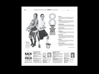 20                            Wednesday, December 17, 2008                               sports The Connection




                                                                                           8       THINGS
                                                                                                     YOU
                                                                                                   SHOULD
                                                                                                    KNOW
                                                                                                    ABOUT
                                                                                                   VARSITY
                                                                                                   SOCCER
                                                                                                                                   1STOPthe girls varsity soccer team graduating eight seniors, there
                                                                                                                                    With
                                                                                                                                         LOSS
                                                                                                                                        weren’t enough girls to ﬁll out a varsity and a junior varsity team,
                                                                                                                                        forcing the cancellation of the junior varsity team altogether.

                                                                                                                                   2DIVERSITYto Korea to Afghanistan, the boys varsity soccer team
                                                                                                                                    From Brazil
                                                                                                                                        represents 10 different countries from around the world. Both on
                                                                                                                                        the varsity team, senior brothers Aziz and Mahdi Ait Ouslimane
                                                                                                                                        moved to Texas from France two years ago.

                                                                                                                                    3RIGHTS OFupheld by returning players of the girls varsity team, in-
                                                                                                                                     A tradition
                                                                                                                                                 PASSAGE
                                                                                                                                        coming members experience a kind of “initiation”, which consists of
                                                                                                                                        exciting scavenger hunts and other various forms of team bonding.

                                                                                                                                   4YOUconsequence of making fun of coach Jessie McCartney’s ‘rap-
                                                                                                                                    As a
                                                                                                                                         JUST GOT PUNK’D
                                                                                                                                        ping’ skills, junior Diana Rivera found herself tied up in her own
                                                                                                                                        hoodie.

                                                                                                                                   5CONSEQUENCES schoollast year,up and down thesoccer class had
                                                                                                                                    One time as a punishment
                                                                                                                                    to do sprints in their   clothes
                                                                                                                                                                     the entire boys
                                                                                                                                        of coach Patrick deLeon’s room.
                                                                                                                                                                                     stairs outside


                                                                                                                                   6TRIPLE TROUBLE and Allyson Hill can add varsity soccer
                                                                                                                                    Seniors Melissa Maldonado
                                                                                                                                        to their list of teams they’ve played for which includes varsity vol-
                                                                                                                                        leyball and basketball. Sophomore Riley Patterson also made her
                                                                                                                                        way from the volleyball court to the soccer ﬁeld when she made the
                                                                                                                                        varsity soccer team as well.

                                                                                                                                   7PET NAMESvarsity head coach Jessie McCartney ironically shares
                                                                                                                                    While girls
                                                                                                                                        her name with a pop star, senior Kevin Vences has coincidentally
                                                                                                                                        earned the nickname “Lil’ Mama.”
   RUN DOWN Junior

                                                                                                                                   8In order toFASHIONISTAS guards in place, the girls varsity team
      Alexis Frueh and
  senior Kevin Vences                                                                                                               SOCCER
    are both on varsity                                                                                                                         keep their shin
     soccer teams this                                                                                                                  uses electrical tape as a make-shift way of holding them in place.
   year. The ﬁrst home                                                                                                                  The team also uses various colors of pre-wrap as headbands to wear
  game for the girls is                                                                                                                 during practice.
 Jan. 6 and the varsity
   boys will be Jan. 20.
                                                                                                                                                                                 –compiled by shannon dolan
photo by manuel martinez




                           BOYS VARSITY SOCCER                                                                GIRLS VARSITY SOCCER


BACK
                           Head coach: John Mark Edwards            the district and                          Head coach: Jessie McCartney                      year’s team for the rest
                           Last year: The team ended the            area champion-                            Last year: The team ended the season 9-8-3        of my coaching career
                           season 16-4-1 overall, with ﬁrst place   ship. The players                         overall, placing third in district and making     and I look forward to
                           in district and advancing to the third   worked hard and                           playoffs, but falling in the ﬁrst round in a      watching them continue

on the                     round of playoffs.
                           Who’s gone: Stephen Toth, Raul
                                                                    stayed focused.”
                                                                    This year’s
                                                                                                              shootout with Lake Travis.
                                                                                                              Who’s gone: Jessi Muraoka, Andrea Gregg,
                                                                                                                                                                to grow as a team and
                                                                                                                                                                as individuals under the



FIELD
                           Reyna, Oscar Iruegas and Erick Del       expectations:                             Sara Millington, Monaya Zreik and Parysa          expert guidance of coach
                           Cid.                                     The team expects                          Oskouipour.                                       McCartney.”
                           Who’s returning: Seniors Marco           to meet the chal-                         Who’s returning: Junior Alexis Frueh, soph-       This year’s expecta-
                           Alcocer, Tuan Nguyen, David Payne,       lenges of District 25-5A soccer and       omores Carla Alcocer and Kristin Caldwell.        tions: With a new coach and a new district,
                           Kevin Vences and juniors Servando        qualify for the playoffs by ﬁnishing in   Thoughts on last year: “Last year was a           the team hopes to ﬁnish in the top four to
                           Borja and Bryan Gavarrete.               the top four.                             very successful year,” former head coach          qualify for playoffs.
 Varsity teams             Thoughts on last year: “Last year
                           we had an excellent season,” assis-
                                                                    First home game: Jan. 20 against
                                                                    Killeen, 7:30 p.m.
                                                                                                              John Mark Edwards said. “I was very pleased
                                                                                                              at the way our team worked together and
                                                                                                                                                                First home game: Jan. 6 against Temple,
                                                                                                                                                                7:30 p.m.
prep for season            tant coach Patrick deLeon said. “We
                           found great success in winning both
                                                                    District opener: Jan. 28 against
                                                                    Austin High, 7:45 p.m.
                                                                                                              never gave up. I will remember the hard
                                                                                                              work and dedication of the girls from last
                                                                                                                                                                District opener: Jan. 27 against Austin
                                                                                                                                                                High, 7:45 p.m.
 