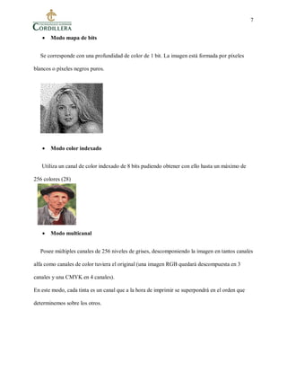 7
 Modo mapa de bits
Se corresponde con una profundidad de color de 1 bit. La imagen está formada por píxeles
blancos o píxeles negros puros.
 Modo color indexado
Utiliza un canal de color indexado de 8 bits pudiendo obtener con ello hasta un máximo de
256 colores (28)
 Modo multicanal
Posee múltiples canales de 256 niveles de grises, descomponiendo la imagen en tantos canales
alfa como canales de color tuviera el original (una imagen RGB quedará descompuesta en 3
canales y una CMYK en 4 canales).
En este modo, cada tinta es un canal que a la hora de imprimir se superpondrá en el orden que
determinemos sobre los otros.
 