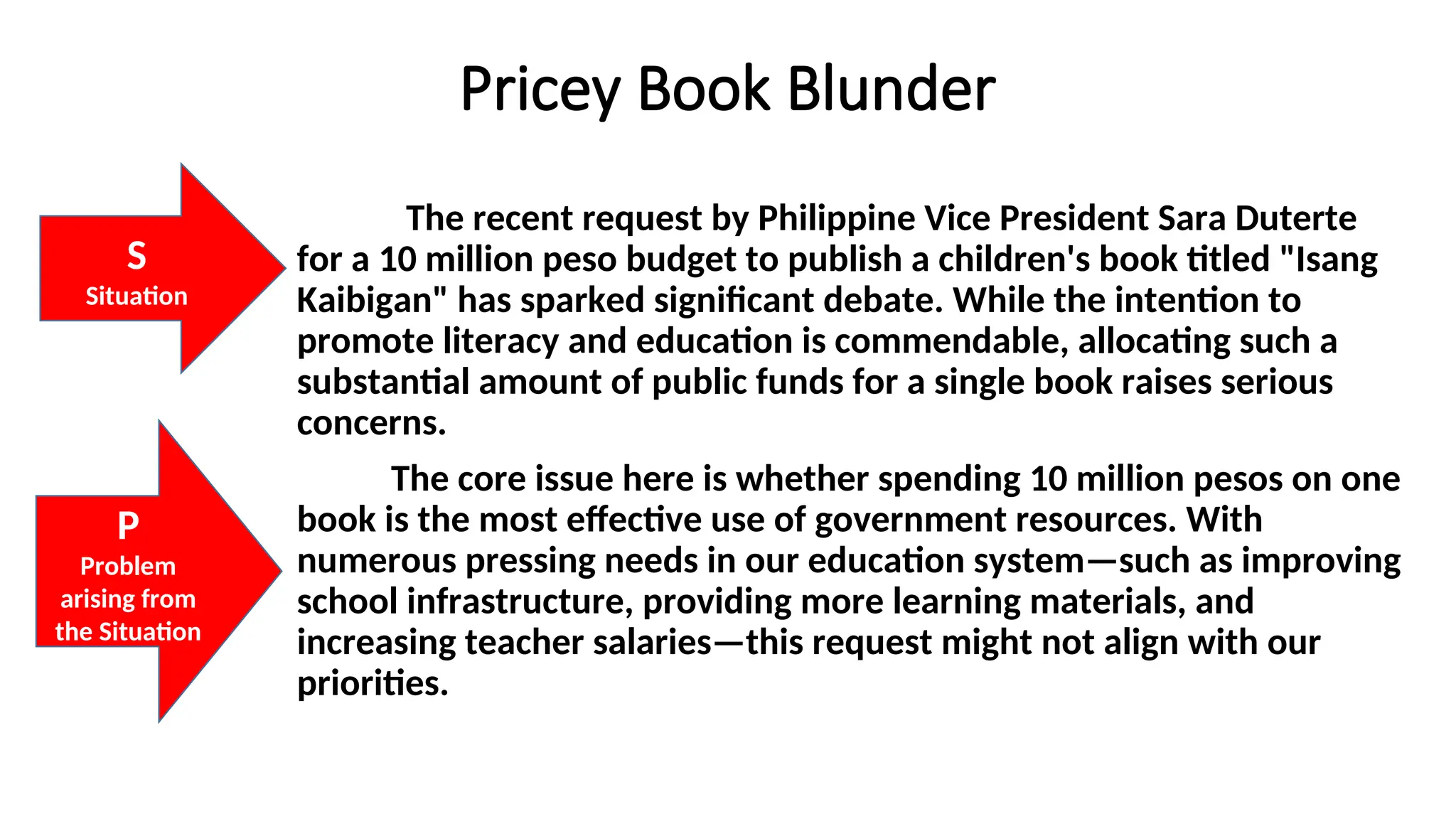 Pricey Book Blunder
The recent request by Philippine Vice President Sara Duterte
for a 10 million peso budget to publish a children's book titled "Isang
Kaibigan" has sparked significant debate. While the intention to
promote literacy and education is commendable, allocating such a
substantial amount of public funds for a single book raises serious
concerns.
The core issue here is whether spending 10 million pesos on one
book is the most effective use of government resources. With
numerous pressing needs in our education system—such as improving
school infrastructure, providing more learning materials, and
increasing teacher salaries—this request might not align with our
priorities.
S
Situation
P
Problem
arising from
the Situation
 