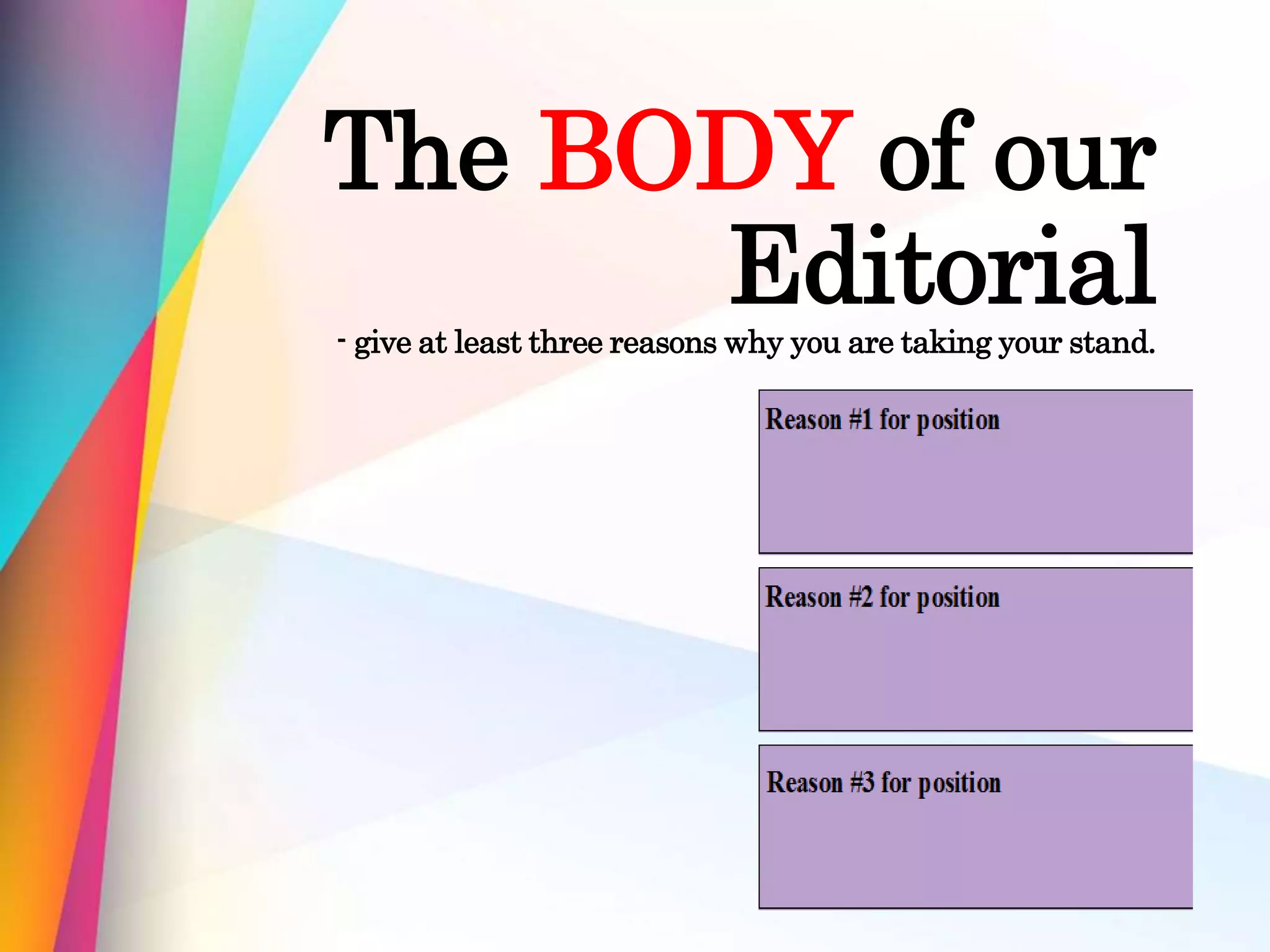 The BODY of our
Editorial- give at least three reasons why you are taking your stand.
 