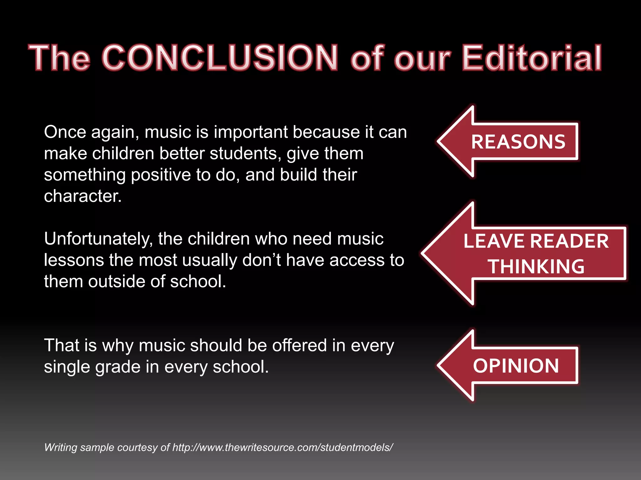 The BODY needs Facts Support your arguments with facts and tell mores.Students would be much smarter if they had some music experience. 1They would improve their classroom skills, like paying attention, following directions, and participating without interrupting. People develop all these skills when they learn music.2 Musicians are also better in math, and they get higher S.A.T. scores. For instance, a study by the College Entrance Examination Board reported, “Students with 20 units of arts and music scored 128 points higher on the S.A.T. verbal and 118 points higher in math.”Writing sample courtesy of http://www.thewritesource.com/studentmodels/