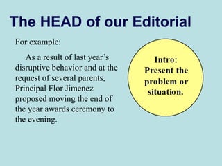 The HEAD of our Editorial
For example:
As a result of last year’s
disruptive behavior and at the
request of several parents,
Principal Flor Jimenez
proposed moving the end of
the year awards ceremony to
the evening.
 