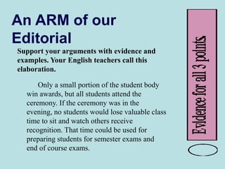 An ARM of our
Editorial
Support your arguments with evidence and
examples. Your English teachers call this
elaboration.
Only a small portion of the student body
win awards, but all students attend the
ceremony. If the ceremony was in the
evening, no students would lose valuable class
time to sit and watch others receive
recognition. That time could be used for
preparing students for semester exams and
end of course exams.
 
