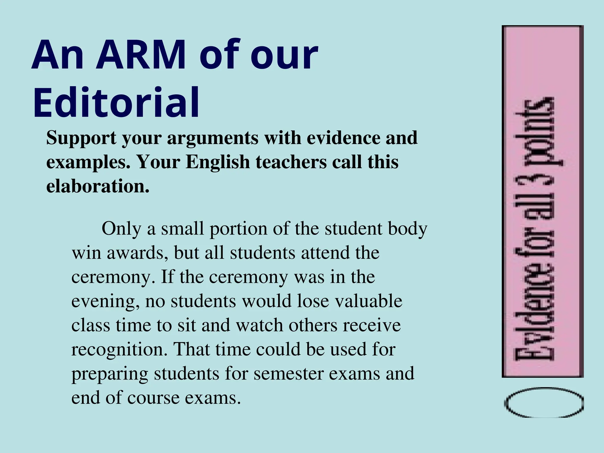 An ARM of our
Editorial
Support your arguments with evidence and
examples. Your English teachers call this
elaboration.
Only a small portion of the student body
win awards, but all students attend the
ceremony. If the ceremony was in the
evening, no students would lose valuable
class time to sit and watch others receive
recognition. That time could be used for
preparing students for semester exams and
end of course exams.
 
