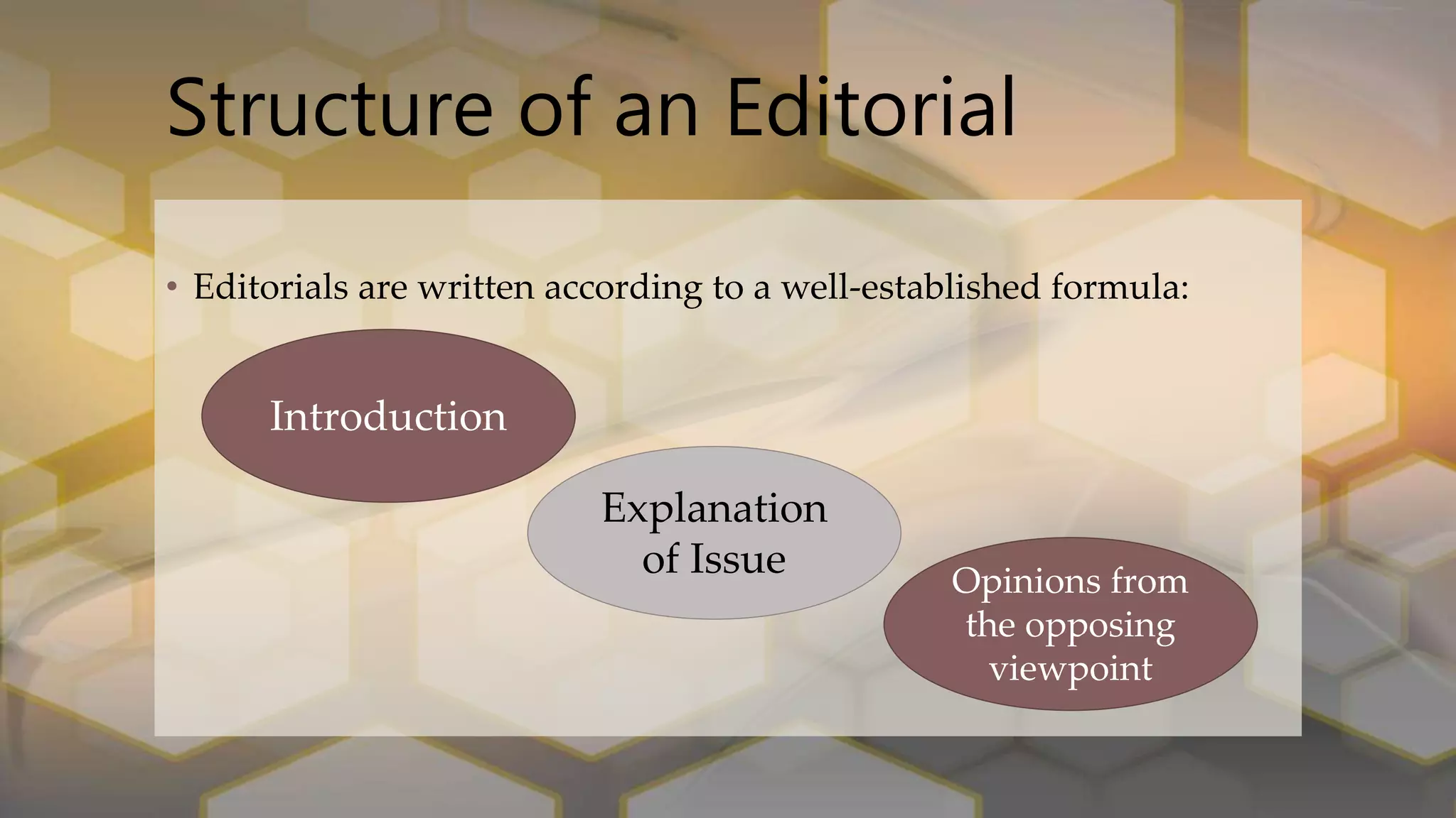 Structure of an Editorial
• Editorials are written according to a well-established formula:
Introduction
Explanation
of Issue Opinions from
the opposing
viewpoint
 