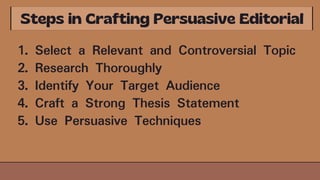 1. Select a Relevant and Controversial Topic
2. Research Thoroughly
3. Identify Your Target Audience
4. Craft a Strong Thesis Statement
5. Use Persuasive Techniques
 