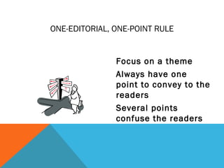 ONE-EDITORIAL, ONE-POINT RULE
Focus on a theme
Always have one
point to convey to the
readers
Several points
confuse the readers
 