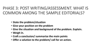 PHASE 3: POST WRITING/ASSESSMENT. WHAT IS
COMMON AMONG THE SAMPLE EDITORIALS?
• State the problem/situation
• Give your position on the problem
• Give the situation and background of the problem. Explain.
• Weigh in.
• Craft a conclusion/ summarize the main points
• Offer a solution to the problem/ call for an action.
 