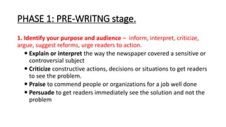 PHASE 1: PRE-WRITNG stage.
1. Identify your purpose and audience – inform, interpret, criticize,
argue, suggest reforms, urge readers to action.
 Explain or interpret the way the newspaper covered a sensitive or
controversial subject
 Criticize constructive actions, decisions or situations to get readers
to see the problem.
 Praise to commend people or organizations for a job well done
 Persuade to get readers immediately see the solution and not the
problem
 