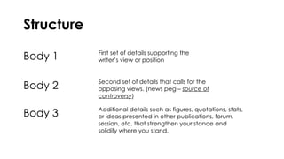 Structure
Body 1 First set of details supporting the
writer’s view or position
Body 2 Second set of details that calls for the
opposing views. (news peg – source of
controversy)
Body 3 Additional details such as figures, quotations, stats,
or ideas presented in other publications, forum,
session, etc. that strengthen your stance and
solidify where you stand.
 