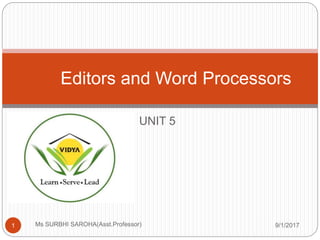 UNIT 5
9/1/2017Ms SURBHI SAROHA(Asst.Professor)1
Editors and Word Processors
 
