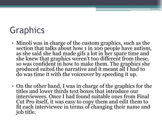 Graphics 
• Minoli was in charge of the custom graphics, such as the 
section that talks about how 1 in 100 people have autism, 
as she said she had made gifs a lot in her spare time and 
she knew that graphics weren’t too different from these, 
so was confident in how to make them. The graphics she 
produced suited the narrative and it meant all I had to 
do was time it with the voiceover by speeding it up. 
• On the other hand, I was in charge of the graphics for the 
titles and lower thirds text boxes that introduce our 
interviewees. Once I had found suitable ones from Final 
Cut Pro itself, it was easy to copy them and edit them to 
fit each interviewee in terms of changing their name and 
job title. 
 