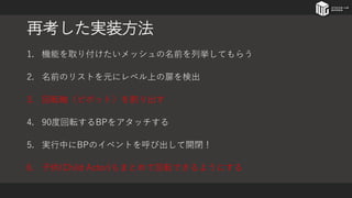 再考した実装方法
1. 機能を取り付けたいメッシュの名前を列挙してもらう
2. 名前のリストを元にレベル上の扉を検出
3. 回転軸（ピボット）を割り出す
4. 90度回転するBPをアタッチする
5. 実行中にBPのイベントを呼び出して開閉！
6. 子供(Child Actor)もまとめて回転できるようにする
 