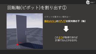 回転軸(ピボット)を割り出す①
扉のメッシュのドアノブの反対側の下（軸）
ピボットを置きたい場所は…
この２つが取得できれば
計算でなんとかなるかも
 