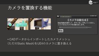 カメラを置換する機能
• CADデータからインポートしたカメラメッシュ
(ただのStatic Mesh)をUE4のカメラに置き換える
 