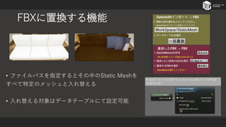 FBXに置換する機能
• ファイルパスを指定するとその中のStatic Meshを
すべて特定のメッシュと入れ替える
• 入れ替える対象はデータテーブルにて設定可能
 
