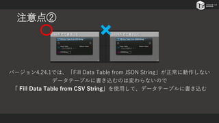 注意点②
バージョン4.24.1では、「Fill Data Table from JSON String」が正常に動作しない
データテーブルに書き込むのは変わらないので
「 Fill Data Table from CSV String」を使用して、データテーブルに書き込む
 