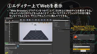 ①エディター上でWebを表示
「Web Browser」プラグインを
有効にすることで、「Web Browser」
ウィジェットを使えるようになる。
• 「Web Browser」プラグインをつかうことで、EUW上にWebサイトを表示できる。
ドキュメントなどのリンクを入れることで、いちいちアクティブウィンドウの切り替え
をしなくてもよくなり、すぐにドキュメントに飛んだりできる。
gif
 