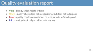 Quality evaluation report
● Valid - quality check meets criteria
● Warn - quality check does not meet criteria, but does not fail upload
● Error - quality check does not meet criteria, results in failed upload
● Info - quality check only provides information
19
 